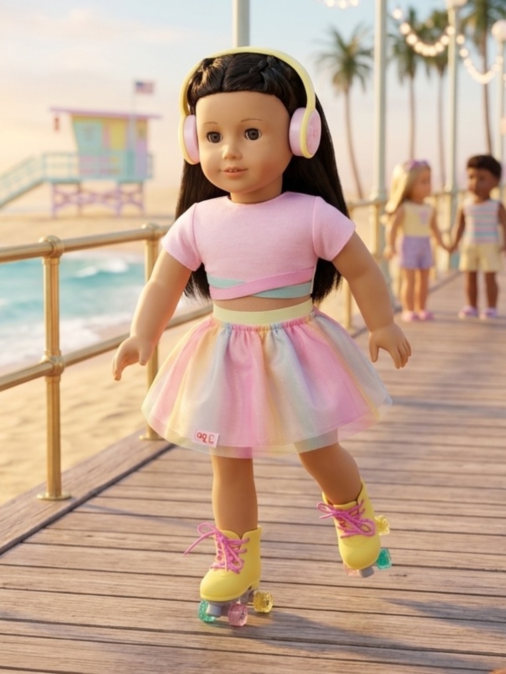 American Girl with Pastel Rainbow Roller Skate Outfit with Pink Headphones